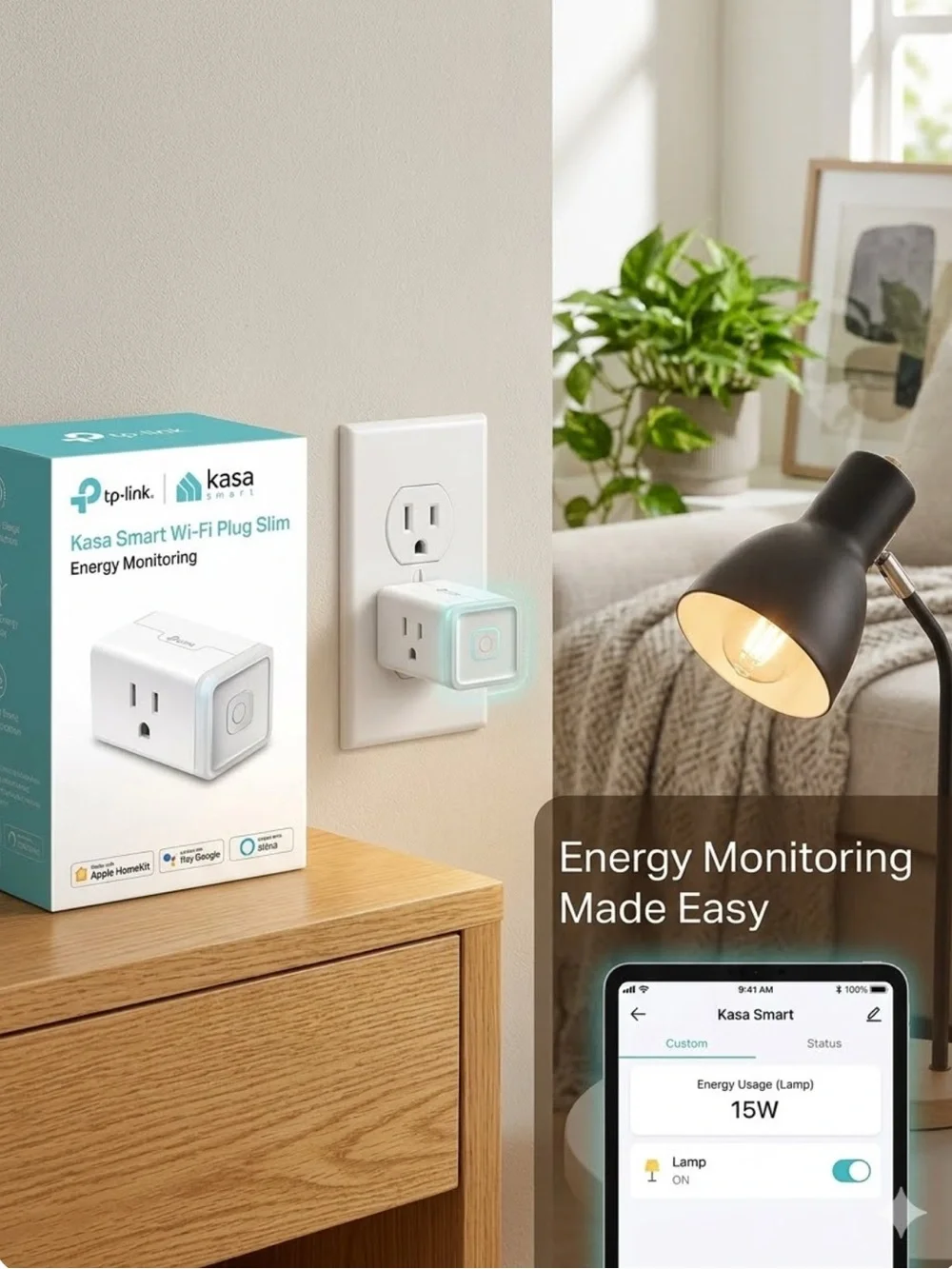 TP-Link Kasa Smart Wi‑Fi Plug Slim in White with Teal Accent